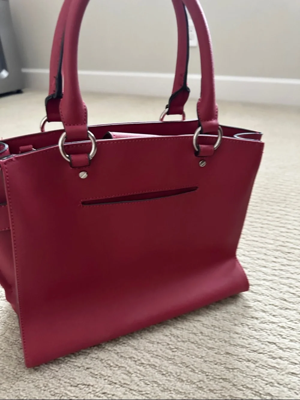 Dana Buchman Dark Red Saffiano Satchel with Metallic Plaque - Picture 3 of 6